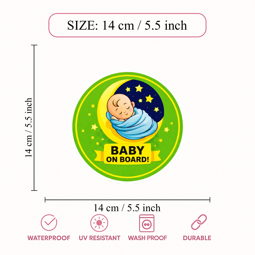 Smeeps Baby On Board Car Sticker – 14 × 14 cm (5.5 × 5.5 Inch) Sleeping Baby Design Green Round Vinyl Decal | Waterproof UV Resistant Car Safety Sticker