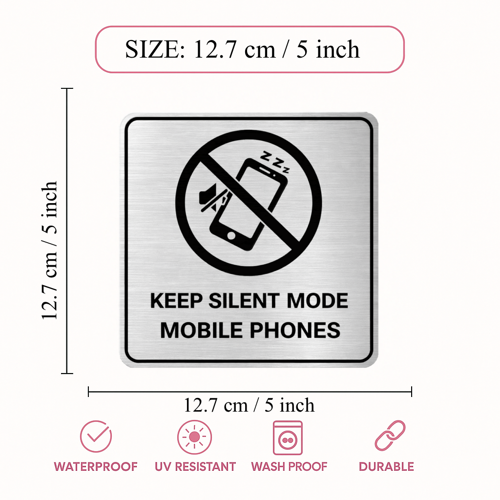 Smeeps Keep Silent Mode Mobile Phones Sticker – 12.7 × 12.7 cm  No Mobile Sound Instruction Vinyl Sign, Waterproof UV Resistant Wash Proof Pack of 1