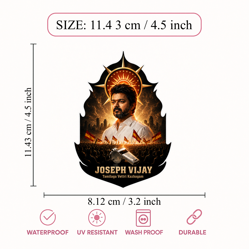 Thalapathy Vijay “Joseph Vijay” Die-Cut Sticker – 11.43 × 8.12 cm (4.5 × 3.2 Inch) Waterproof UV Resistant Vinyl Car & Bike Sticker for Car, Helmet, Laptop & Rear Glass | Premium Tamilaga Vettri Kazhagam Fan Art Decal Pack of 1