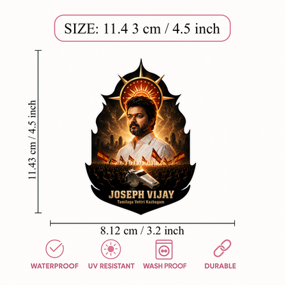 Thalapathy Vijay “Joseph Vijay” Die-Cut Sticker – 11.43 × 8.12 cm (4.5 × 3.2 Inch) Waterproof UV Resistant Vinyl Car & Bike Sticker for Car, Helmet, Laptop & Rear Glass | Premium Tamilaga Vettri Kazhagam Fan Art Decal Pack of 1