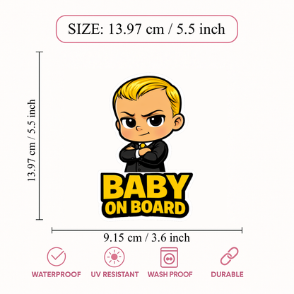 Smeeps Baby On Board Car Sticker – 13.97 × 9.15 cm (5.5 × 3.6 Inch) Waterproof Vinyl Safety Sticker for Cars | Cute Boss Baby Warning Decal | UV Resistant | Pack of 1
