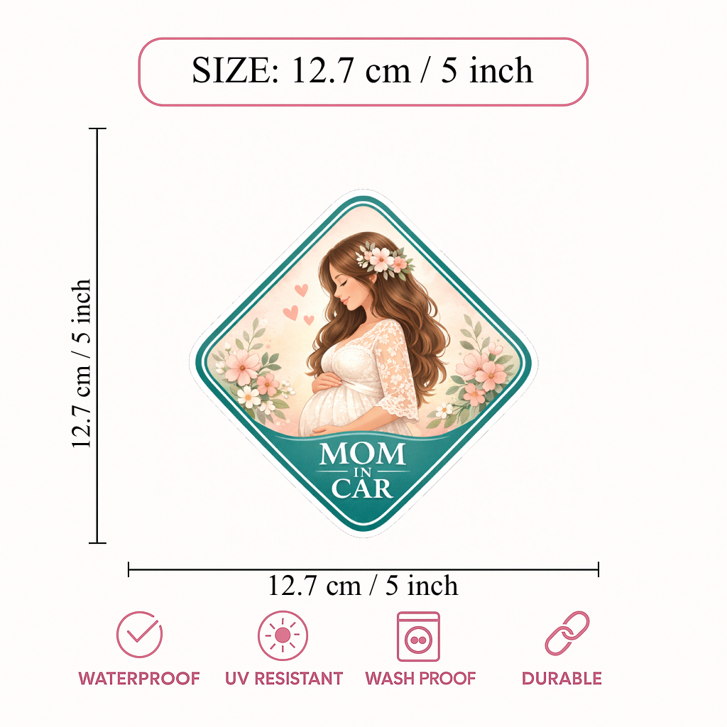 Smeeps Mom In Car Pregnancy Car Sticker – 12.7 × 12.7 cm (5 × 5 Inch) Waterproof Vinyl Maternity Sticker for Cars | UV Resistant Mom To Be Window Decal | Elegant Floral Pregnancy Safety Sticker | Pack of 1