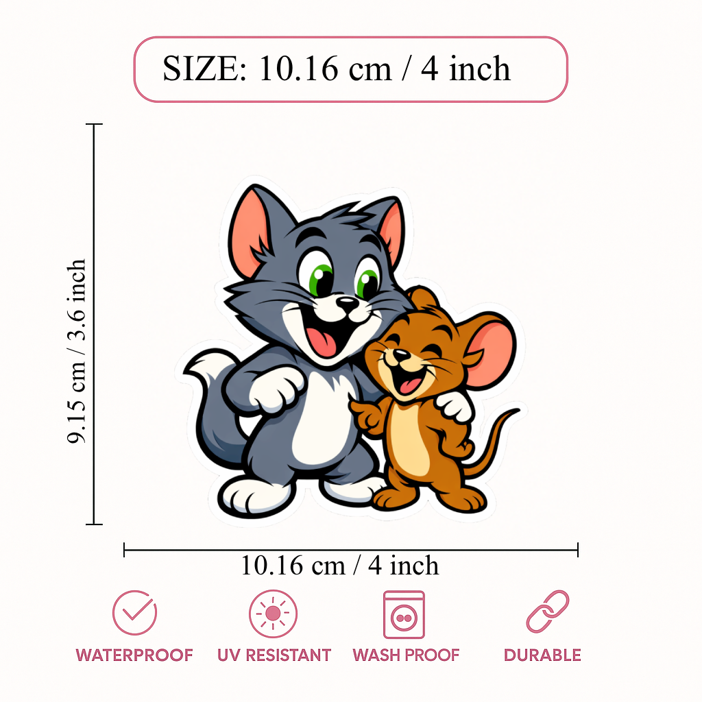 Smeeps Tom and Jerry Friendship Sticker – 10.16 × 9.15 cm (4 × 3.6 Inch) Waterproof Vinyl Cartoon Sticker for Car, Bike, Laptop & Helmet | UV Resistant | Pack of 1