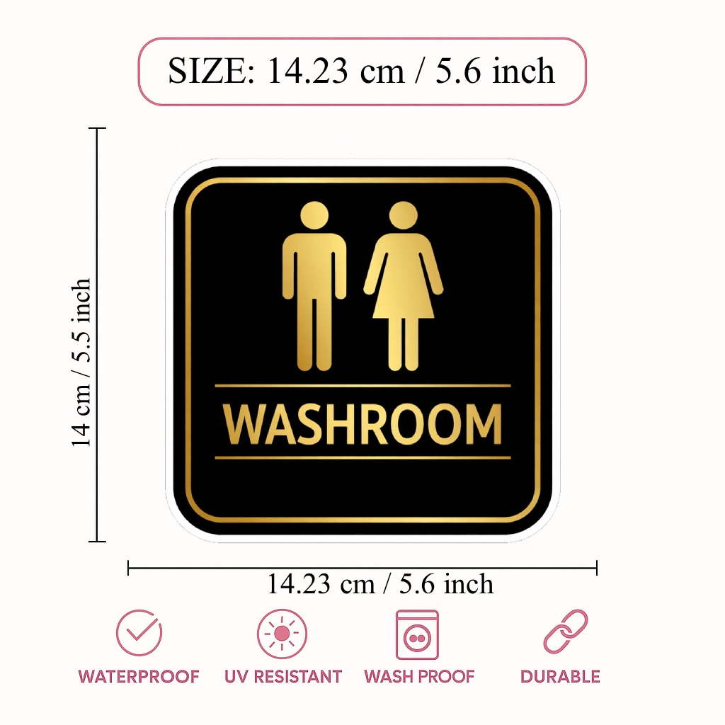 Smeeps Washroom Sign Sticker – 14.23 × 14.23 cm (5.6 × 5.6 Inch) Waterproof Vinyl Washroom Door Sticker | UV Resistant Wash Proof Restroom Sign for Office, Hotel, Shop, Cafe & Home | Pack of 1