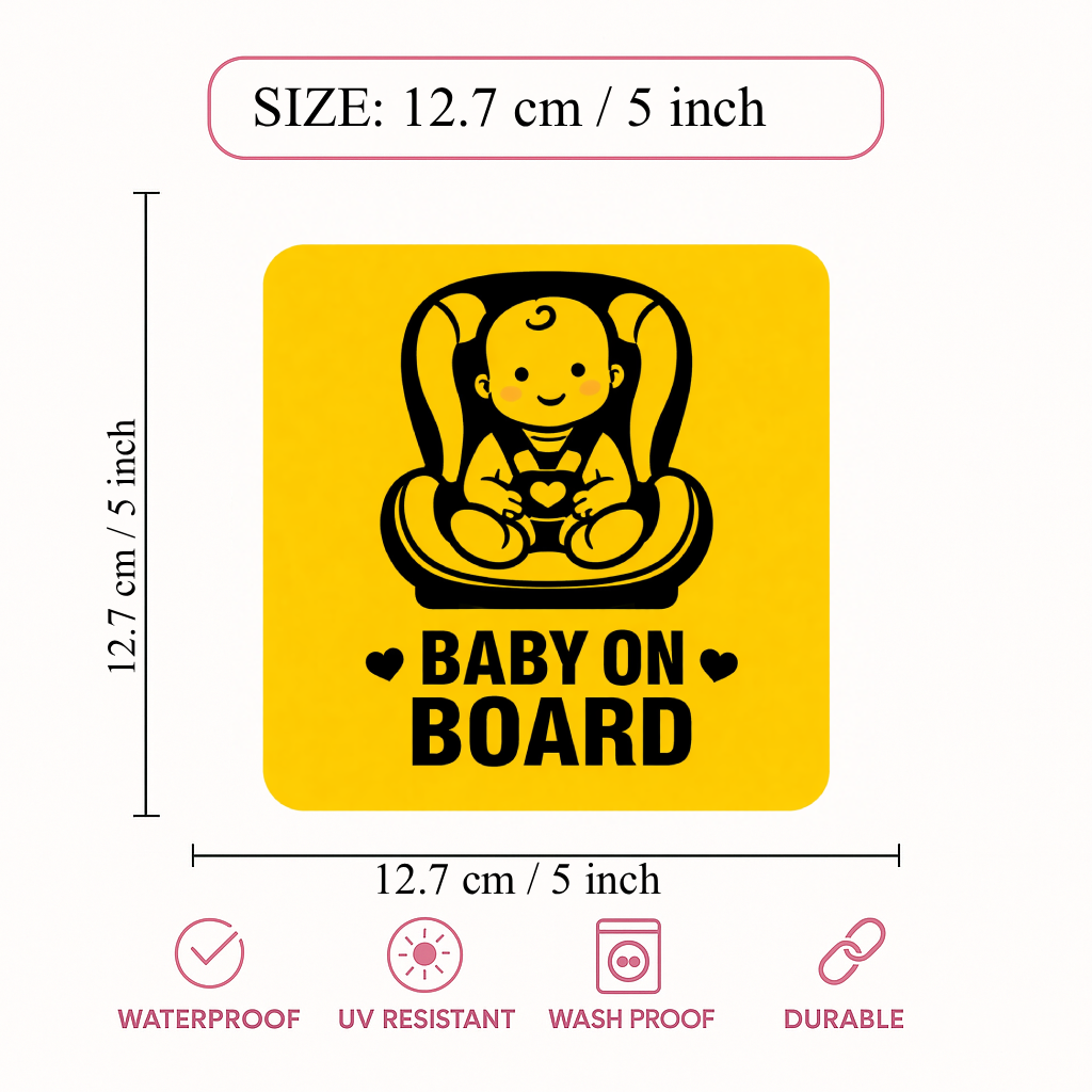 Smeeps Baby On Board Car Sticker – 12.7 × 12.7 cm (5 × 5 Inch) Waterproof Safety Vinyl Sticker for Car Rear Glass | Cute Baby Seat Warning Decal | UV Resistant | Pack of 1
