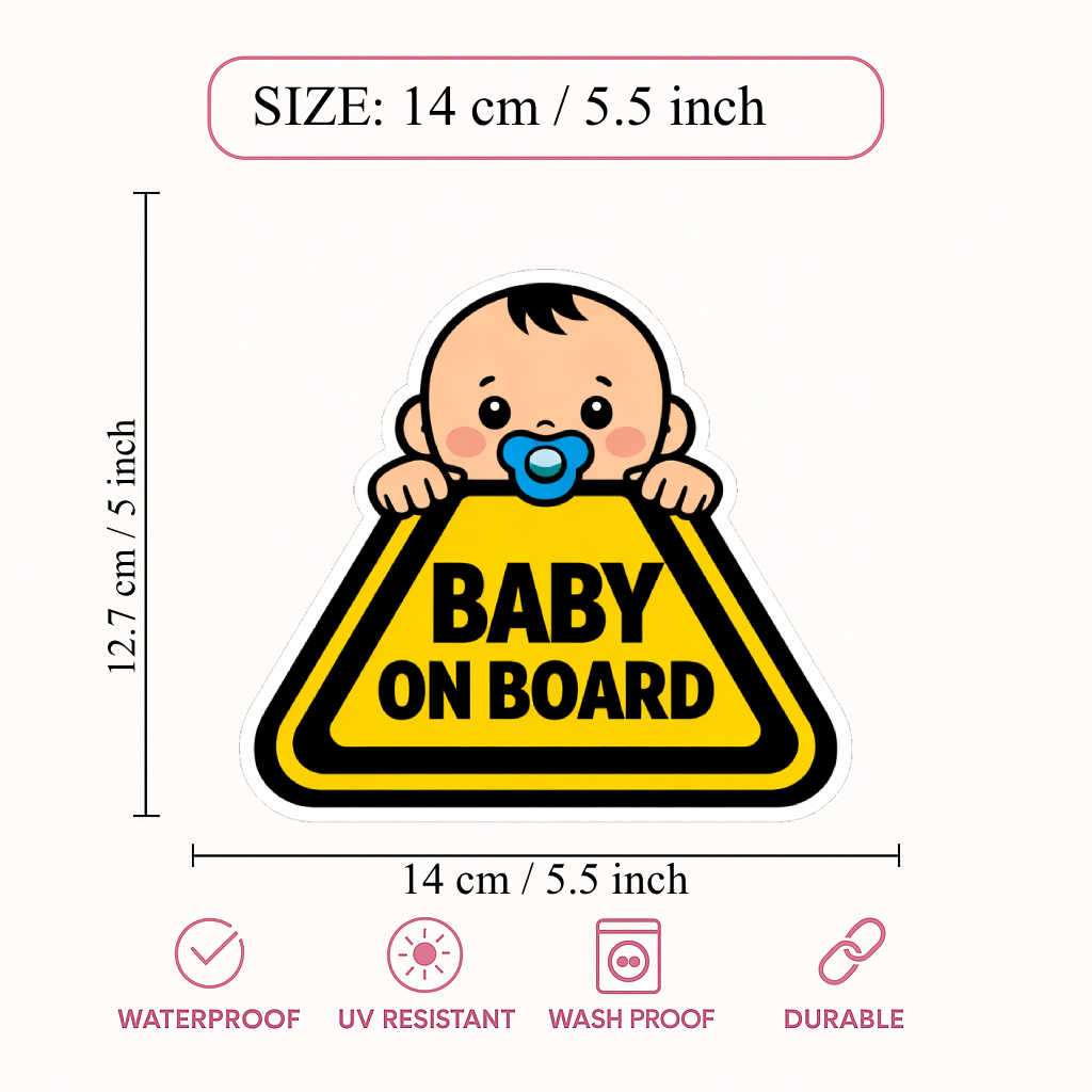 Smeeps Baby On Board Car Sticker – 14 × 12.7 cm (5.5 × 5 Inch) Waterproof Vinyl Safety Sticker for Cars | Cute Baby Warning Triangle Decal | UV Resistant | Pack of 1