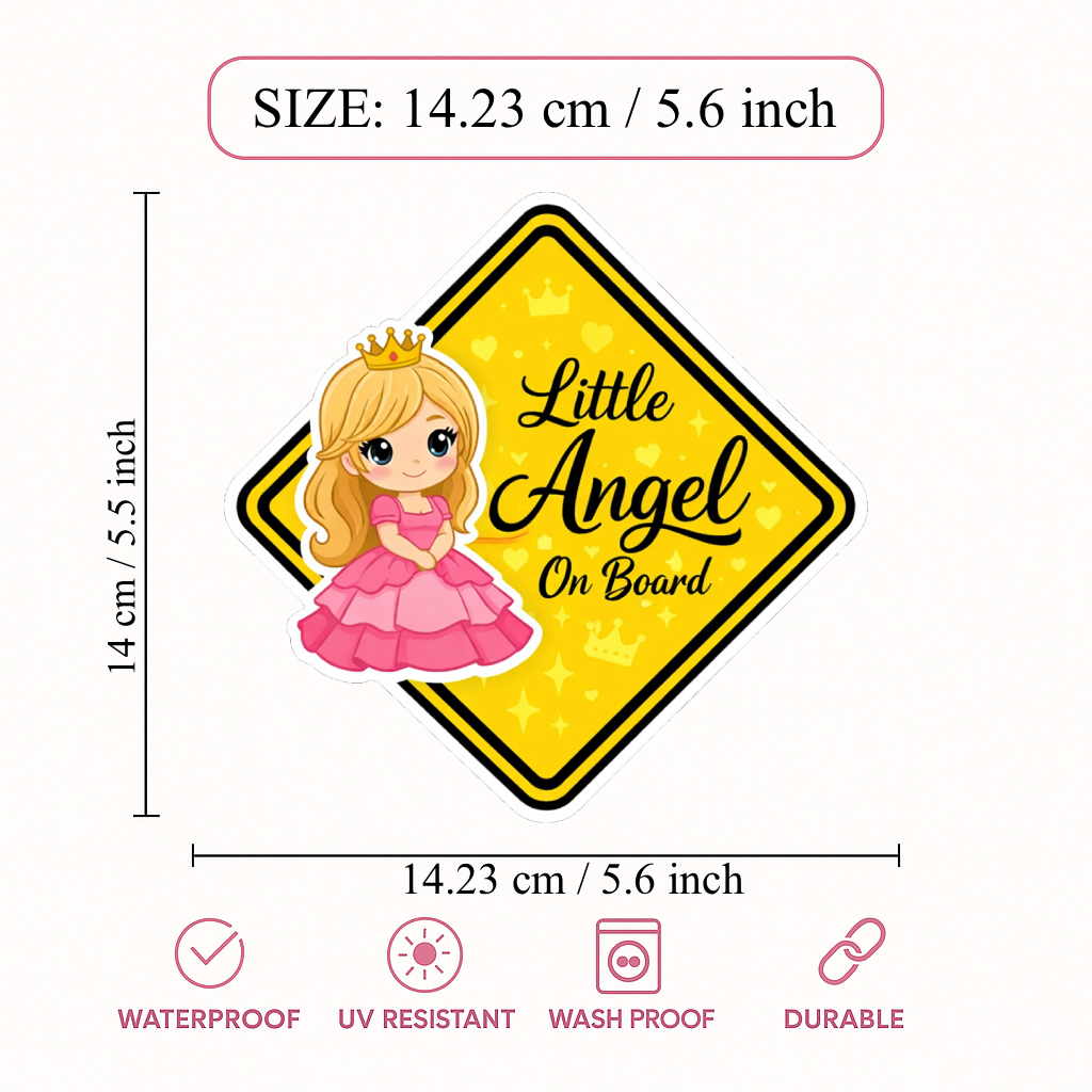 Smeeps Little Angel On Board Car Sticker – 14.23 × 14.23 cm (5.6 × 5.6 Inch) Waterproof Vinyl Safety Sticker for Cars | Cute Princess Baby Design | UV Resistant | Pack of 1