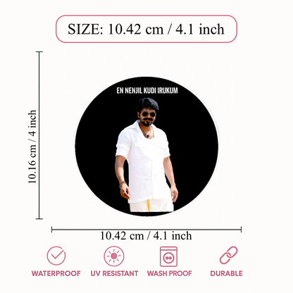 Smeeps Vijay Walking Pose Circular Car Sticker – 10.42 × 10.42 cm (4.1 × 4.1 Inch) Premium Vinyl Decal | “En Nenjil Kudi Irukum” Design | Waterproof UV Resistant Wash Proof | Pack of 1