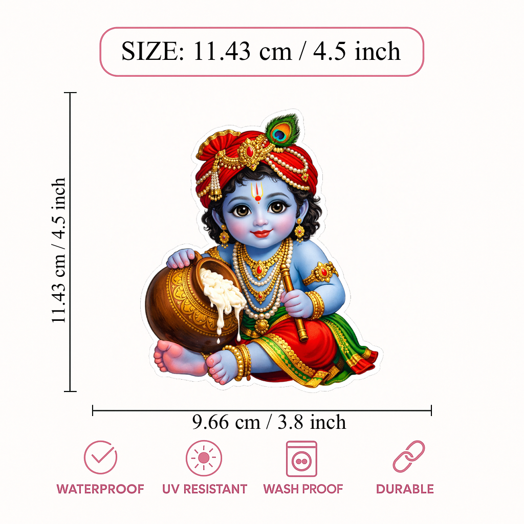 Smeeps Bal Krishna Vinyl Sticker – 11.43 × 9.66 cm (4.5 × 3.8 Inch) Waterproof Krishna Butter Pot Sticker | UV Resistant Cute Baby Krishna Decal for Car, Bike, Laptop & Wall | Pack of 1