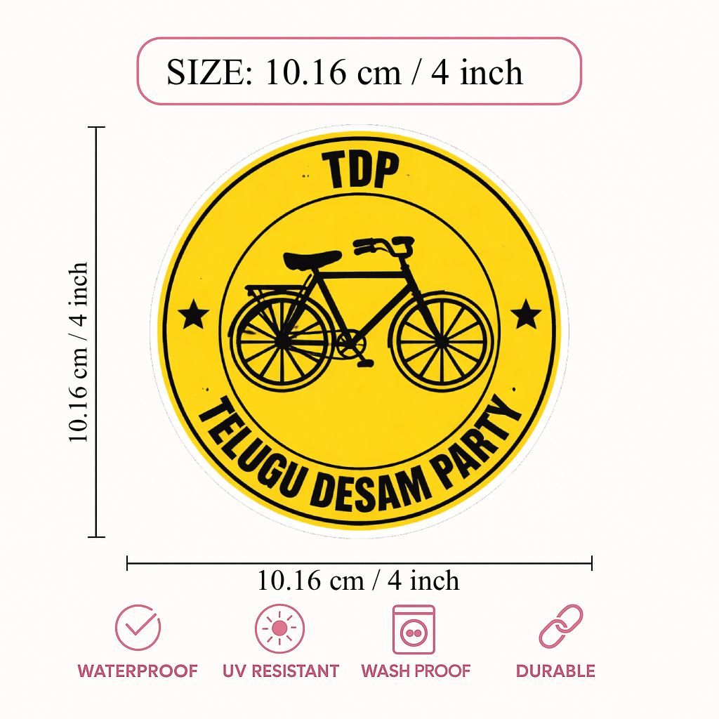 Smeeps TDP Telugu Desam Party Bicycle Symbol Vinyl Sticker – 10.16 × 10.16 cm (4 × 4 Inch) Round Political Car Bike Sticker | Waterproof UV Resistant Wash Proof | Pack of 1