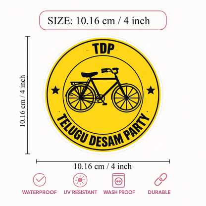 Smeeps TDP Telugu Desam Party Bicycle Symbol Vinyl Sticker – 10.16 × 10.16 cm (4 × 4 Inch) Round Political Car Bike Sticker | Waterproof UV Resistant Wash Proof | Pack of 1