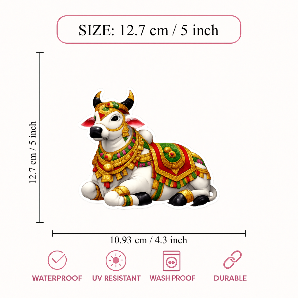 Smeeps Sacred Nandi Bull Sticker – 12.7 × 10.93 cm (5 × 4.3 Inch) Hindu Religious Vinyl Decal for Car, Bike, Door & Wall | Waterproof UV Resistant Devotional Sticker