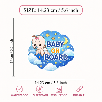 Smeeps Baby On Board Car Sticker – 14.23 × 14.23 cm (5.6 × 5.6 Inch) Cute Baby Cloud Design Blue Vinyl Safety Decal for Car | Waterproof UV Resistant