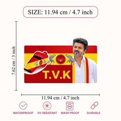 Smeeps Vijay TVK Rectangular Car Sticker – 11.94 × 7.62 cm (4.7 × 3 Inch) Premium Vinyl Decal | Thamizaga Vettri Kazhagam T.V.K Design | Waterproof UV Resistant Wash Proof | Pack of 1