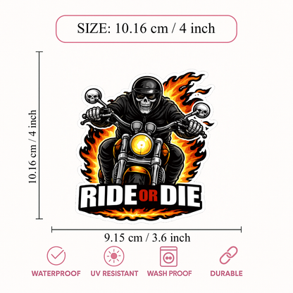 Smeeps Ride Or Die Biker Vinyl Sticker – 10.16 × 9.15 cm (4 × 3.6 Inch) Waterproof Motorcycle Decal | Skull Rider Graphic Sticker | UV Resistant Wash Proof | Pack of 1