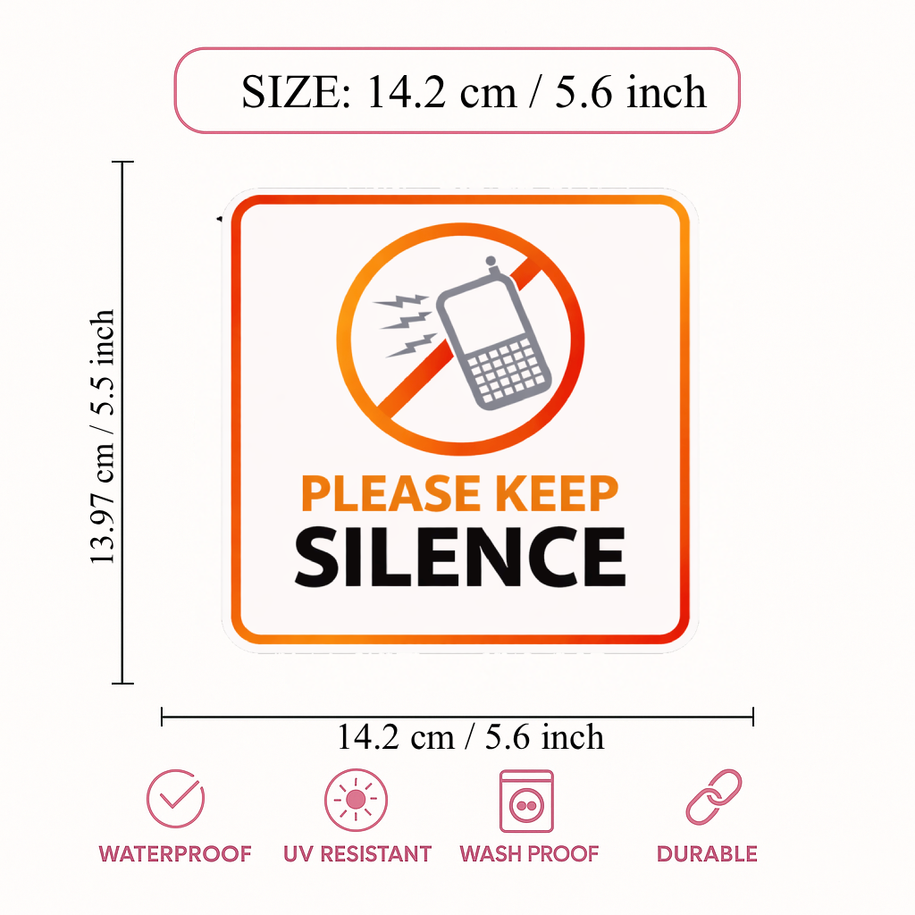 Smeeps Please Keep Silence Sticker – 14.2 × 13.97 cm (5.6 × 5.5 Inch) Premium Vinyl Decal | No Mobile Phone Noise Library Sign | Waterproof UV Resistant Wash Proof | Pack of 1