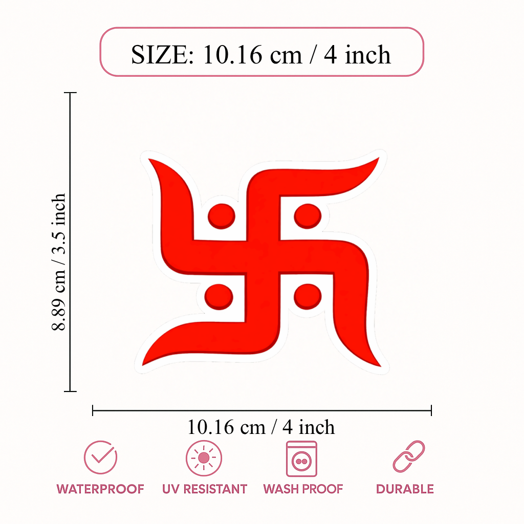 Smeeps Hindu Swastik Sticker – 10.16 × 8.89 cm (4 × 3.5 Inch) Premium Vinyl Decal | Red Religious Auspicious Symbol Design | Waterproof UV Resistant Wash Proof | Pack of 1