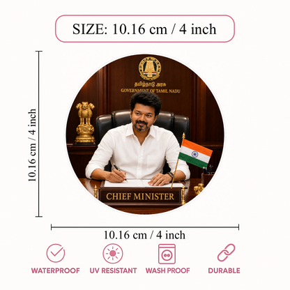 Thalapathy Vijay Chief Minister Office Round Sticker – 10.16 × 10.16 cm (4 × 4 Inch) Waterproof UV Resistant Vinyl Car & Bike Sticker for Car, Helmet, Laptop & Rear Glass | Premium Fan Art Decal Pack of 1
