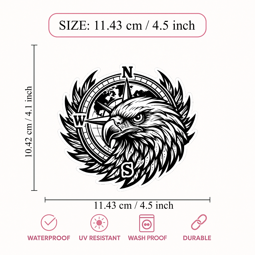 Smeeps Eagle Compass Car Sticker – 11.43 × 10.42 cm (4.5 × 4.1 Inch) Waterproof Vinyl Decal for Cars & Bikes | Black Eagle Head Compass Design | UV Resistant Washproof Automotive Sticker | Pack of 1