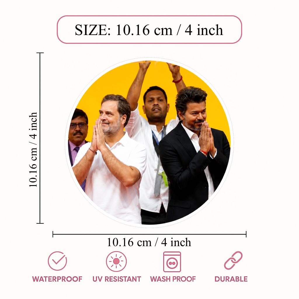 Thalapathy Vijay & Rahul Gandhi Round Sticker – 10.16 × 10.16 cm (4 × 4 Inch) Waterproof UV Resistant Vinyl Car & Bike Sticker for Car, Helmet, Laptop & Rear Glass | Premium Political Fan Art Decal Pack of 1