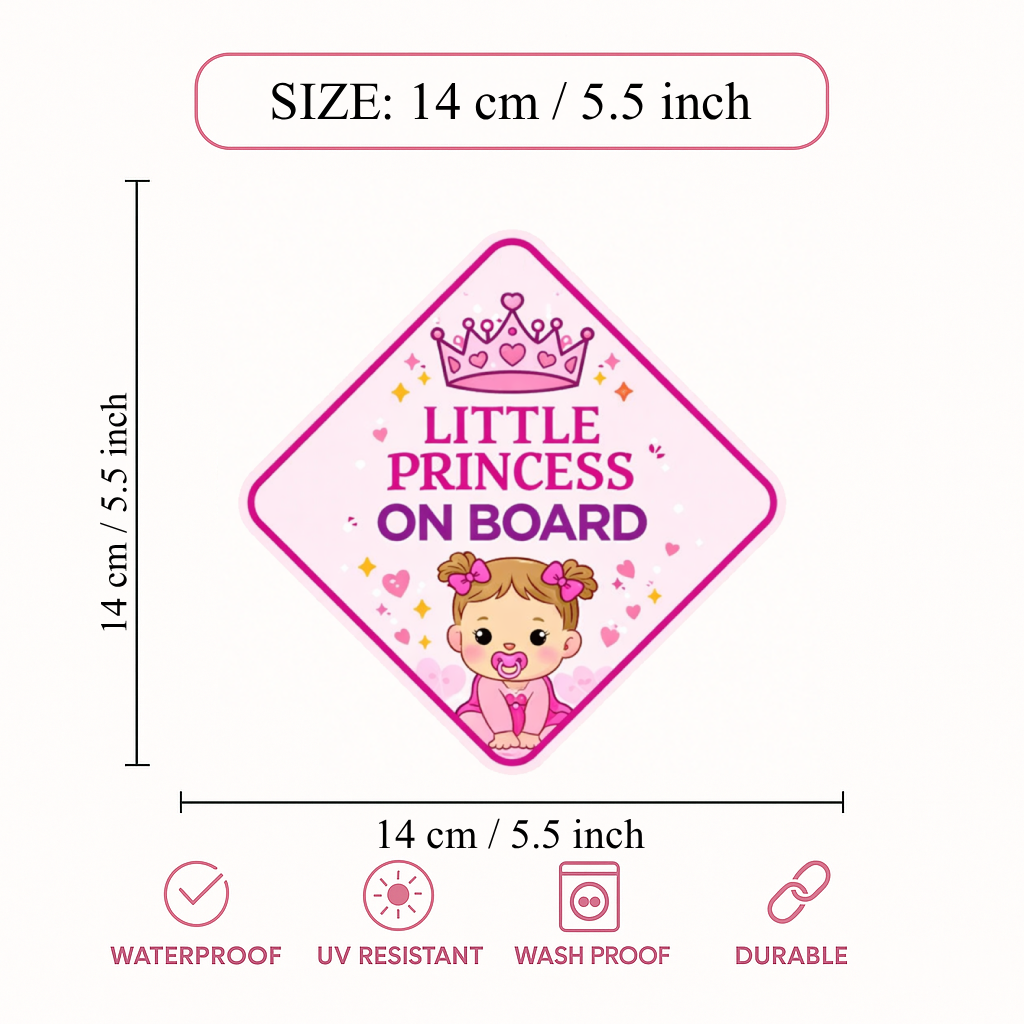 Smeeps Little Princess On Board Car Sticker – 14 × 14 cm (5.5 × 5.5 Inch) Cute Baby Girl Diamond Safety Vinyl Decal for Car | Waterproof UV Resistant Washable Sticker