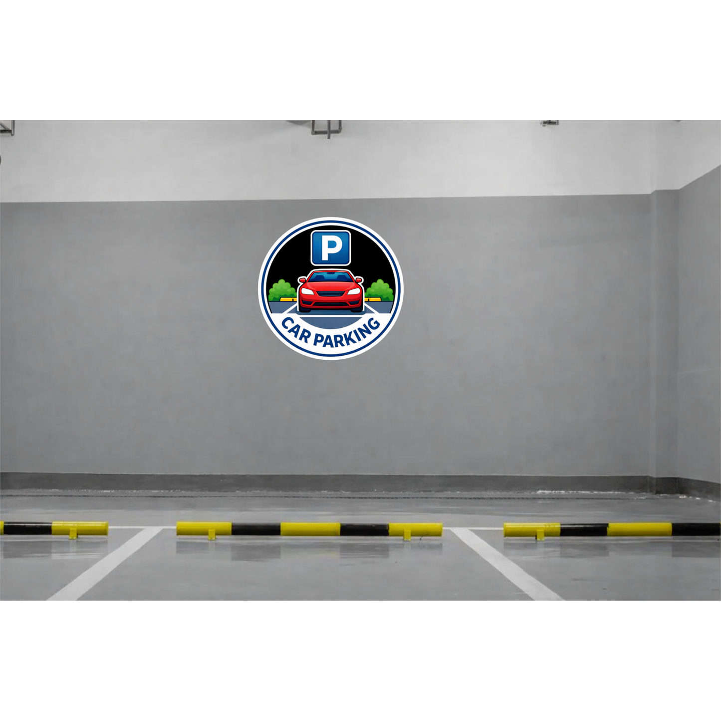 Smeeps Car Parking Sticker – 15.49 × 15.24 cm (6.1 × 6 Inch) Premium Vinyl Decal | Round Car Parking Sign with “P” Symbol & Car Illustration | Waterproof UV Resistant Wash Proof | Pack of 1