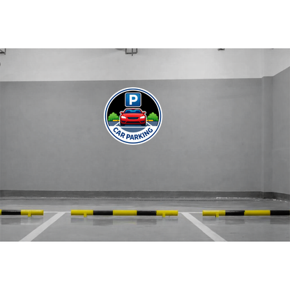 Smeeps Car Parking Sticker – 15.49 × 15.24 cm (6.1 × 6 Inch) Premium Vinyl Decal | Round Car Parking Sign with “P” Symbol & Car Illustration | Waterproof UV Resistant Wash Proof | Pack of 1