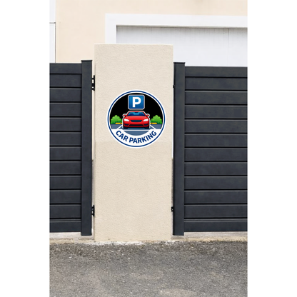 Smeeps Car Parking Sticker – 15.49 × 15.24 cm (6.1 × 6 Inch) Premium Vinyl Decal | Round Car Parking Sign with “P” Symbol & Car Illustration | Waterproof UV Resistant Wash Proof | Pack of 1