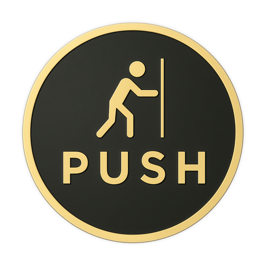 Pack of 2 | Smeeps “PUSH” Door Sign – Round 15.24 cm | Black & Gold Finish | Self-Adhesive | Waterproof & Durable | Ideal for Office, Restaurant, and Retail Entrances