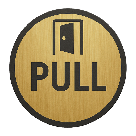 Smeeps Round “PULL” Door Sticker – 15.24 cm | Brushed Gold with Bold Black Text & Door Icon | Self-Adhesive Sign for Offices, Shops & Public Spaces