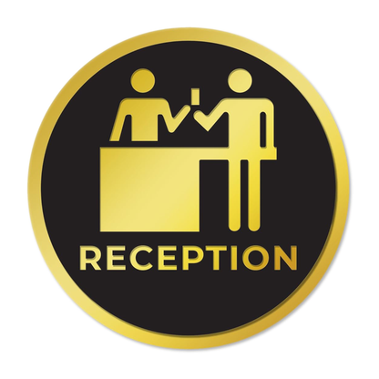 Smeeps Round “RECEPTION” Sticker Sign – 15.24 cm | Premium Gold & Black Design with Icon | Self-Adhesive Label for Office Lobbies, Hotels, and Clinics