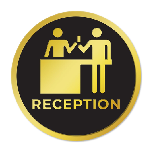 Smeeps Round “RECEPTION” Sticker Sign – 15.24 cm | Premium Gold & Black Design with Icon | Self-Adhesive Label for Office Lobbies, Hotels, and Clinics