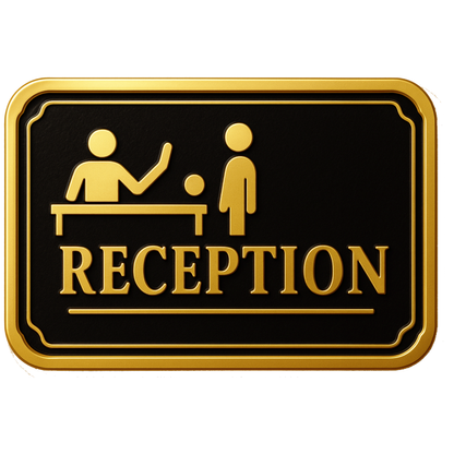 Smeeps Reception Sign Sticker – 14.74 x 10.16 cm Door & Wall Vinyl Decal | Premium Gold & Black Design | Waterproof & Durable Office Label