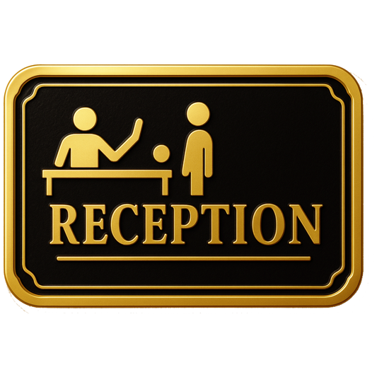 Smeeps Reception Sign Sticker – 14.74 x 10.16 cm Door & Wall Vinyl Decal | Premium Gold & Black Design | Waterproof & Durable Office Label