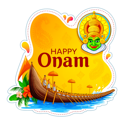 Smeeps Happy Onam Sticker – 8.89 x 8.89 cm Kerala Boat Race & Kathakali Decorative Vinyl Decal | Waterproof & UV-Resistant Festival Sticker