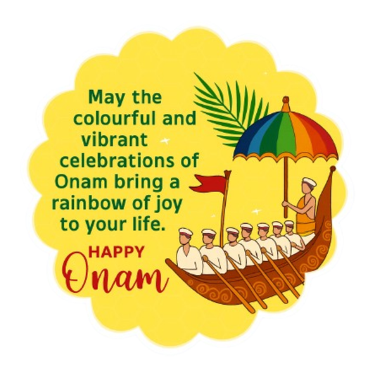 Smeeps Happy Onam Sticker – 8.89 x 8.89 cm Yellow Floral Boat Festival Vinyl Decal | Waterproof & UV-Resistant Kerala Onam Celebration Sticker