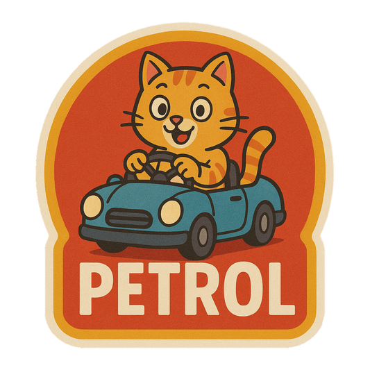 Smeeps Petrol Fuel Sticker – 10 x 10 cm Cute Cat Driving Car Design | Fun Retro Reminder Decal for Petrol Vehicles | Waterproof & Long-Lasting Vinyl