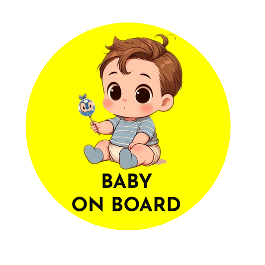 Smeeps Baby on Board Sticker – 15.24 cm Round | Cute Cartoon Baby Boy with Toy Design | Yellow & Black Waterproof Car Safety Sign