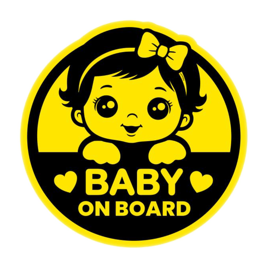 Smeeps Baby on Board Sticker – 15.24 cm Round | Cute Baby Girl Design with Bow | Yellow & Black Waterproof Car Safety Sign