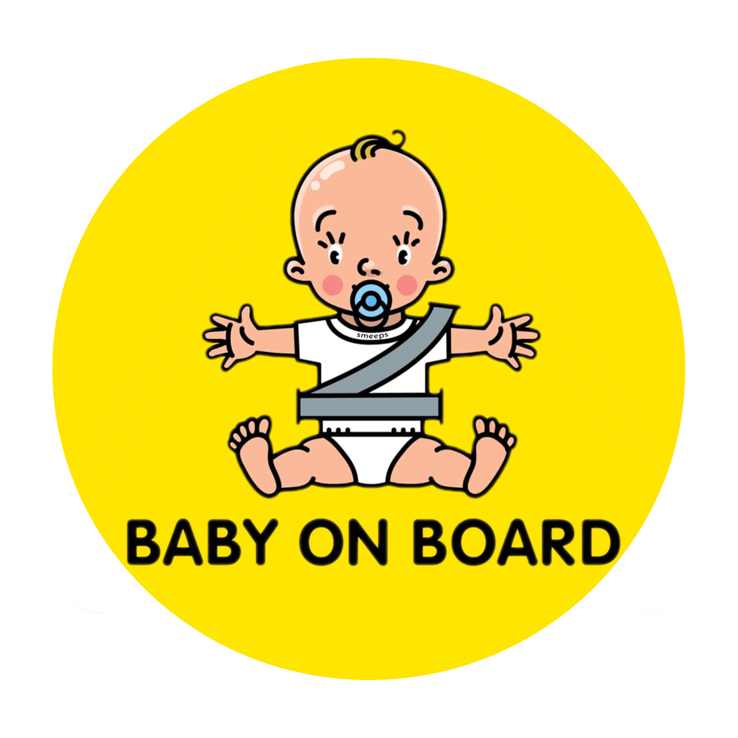 Smeeps Baby on Board Sticker – 15.24 cm Round | Cute Pacifier Baby Design | Yellow & Black Waterproof Car Safety Sign