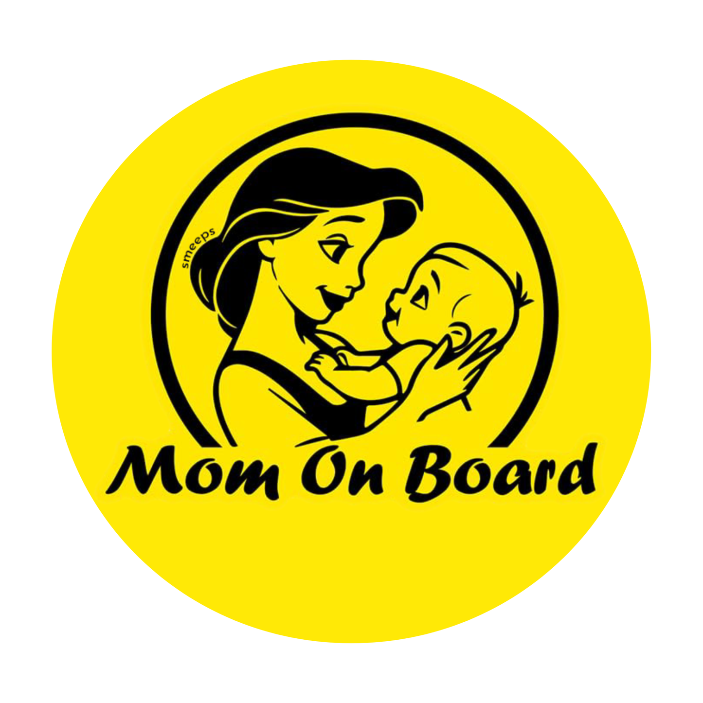 Smeeps Mom on Board Sticker – 15.24 cm Round | Loving Mom & Baby Design | Yellow & Black Waterproof Car Safety Sign