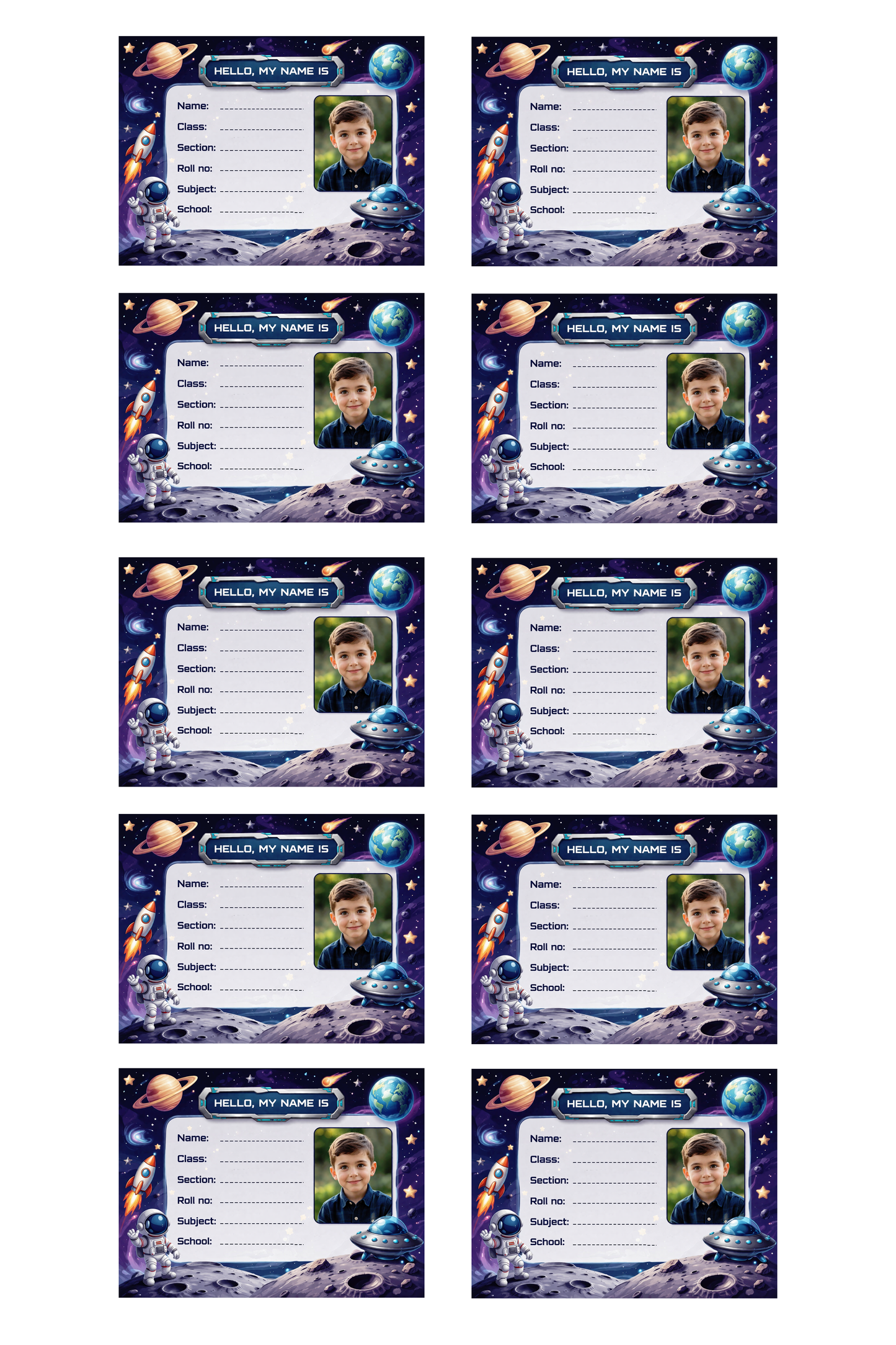 Smeeps Personalized Space Galaxy School Label Stickers – Pack of 10 | 3 x 2 Inch Custom Name Labels with Photo | Astronaut, Rocket & Planet Theme | Waterproof Premium Finish