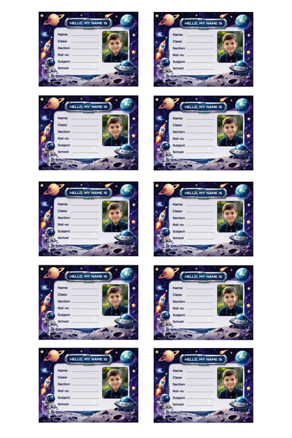 Smeeps Personalized Space Galaxy School Label Stickers – Pack of 10 | 3 x 2 Inch Custom Name Labels with Photo | Astronaut, Rocket & Planet Theme | Waterproof Premium Finish