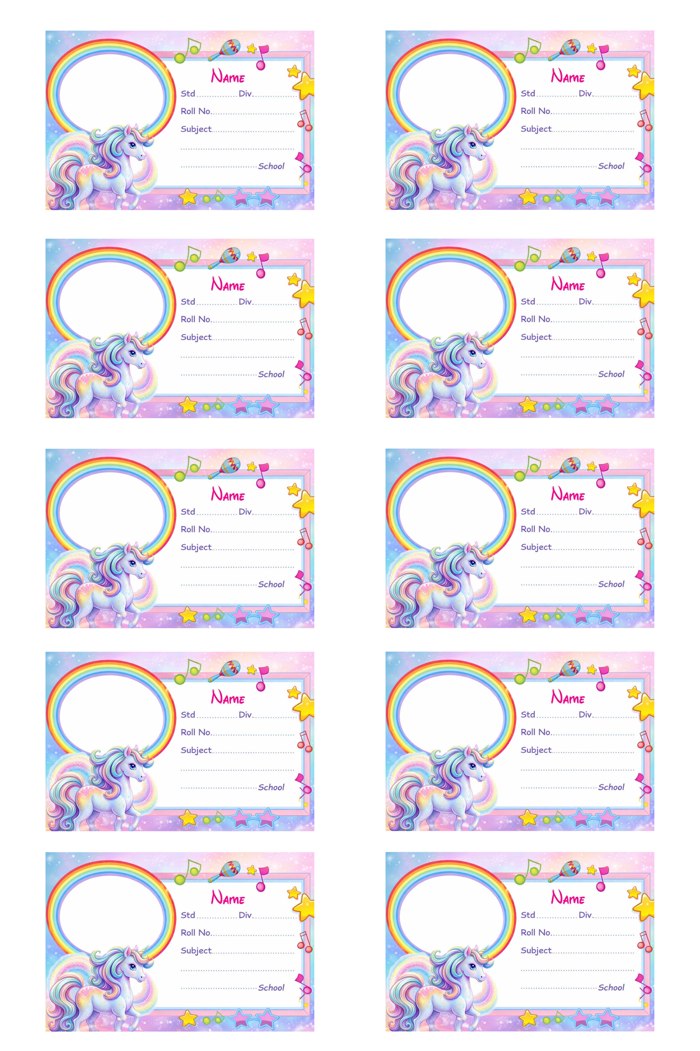 Smeeps Unicorn Rainbow Music Theme School Name Labels Sticker – 7.62 × 5.08 cm (3 × 2 Inch) Personalized Writable Notebook Labels for Kids | Cute Unicorn Photo Name Sticker Pack of 10