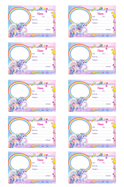 Smeeps Unicorn Rainbow Music Theme School Name Labels Sticker – 7.62 × 5.08 cm (3 × 2 Inch) Personalized Writable Notebook Labels for Kids | Cute Unicorn Photo Name Sticker Pack of 10