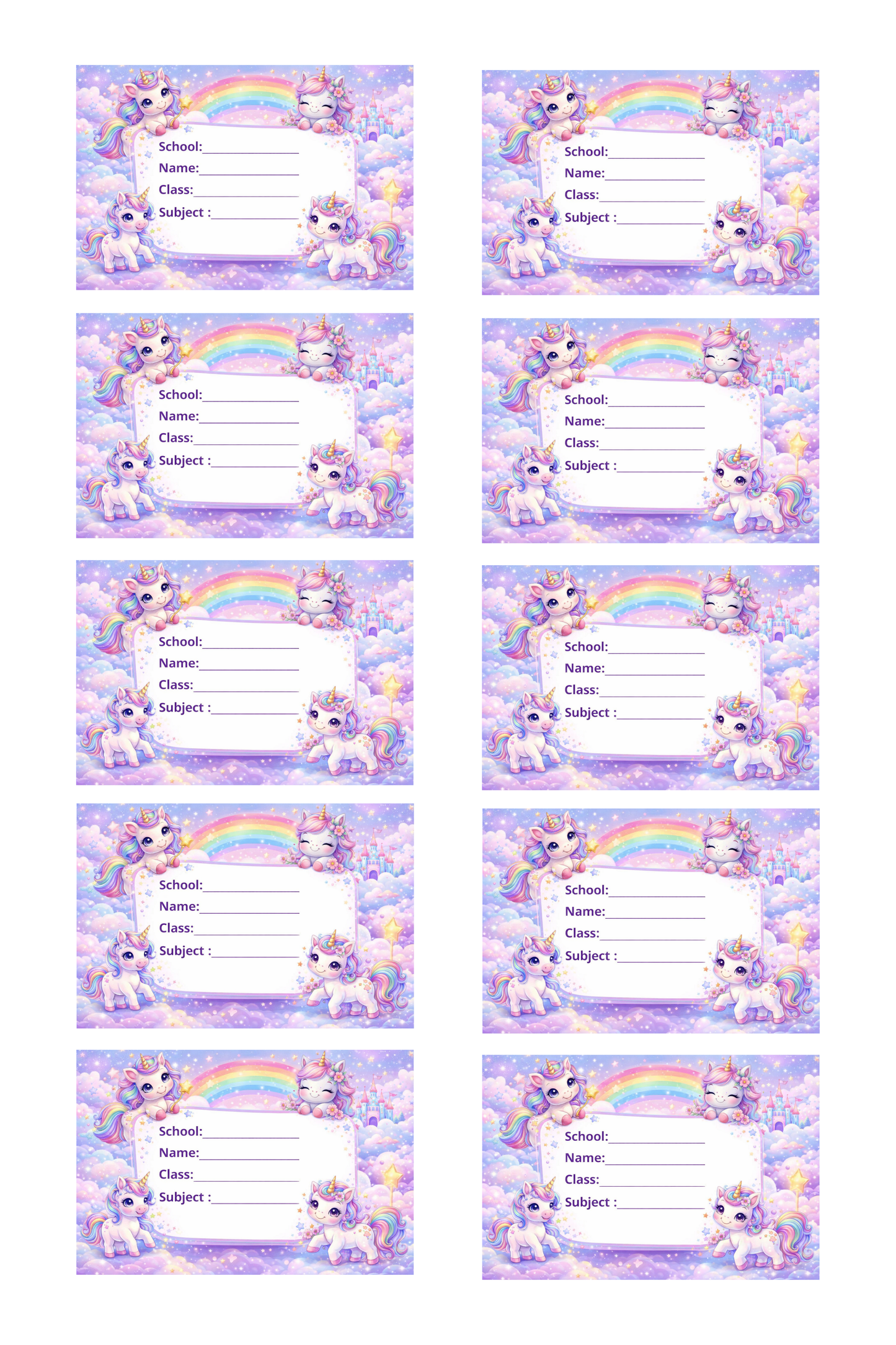 Smeeps Unicorn Rainbow School Name Labels Sticker – 7.62 × 5.08 cm (3 × 2 Inch) Personalized Writable Notebook Labels for Kids | Cute Fantasy Unicorn Design Pack of 10