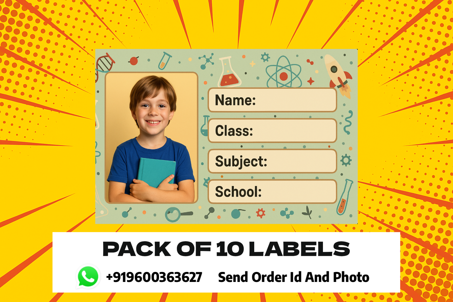Smeeps Personalized School Label Stickers – Pack of 10 | 3.5 x 2 Inch Custom Name Labels with Photo | Notebooks & Stationery Identification Stickers | Waterproof & Premium Finish