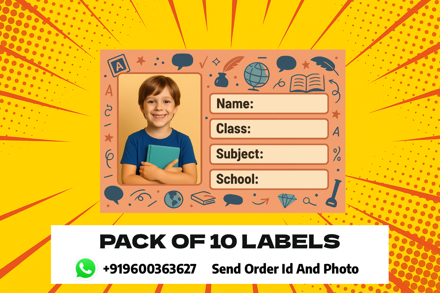 Smeeps Personalized School Book Label – Custom Photo Name Sticker for Kids | 3.5 x 2 Inch Orange Theme Notebook Labels | Pack of 10