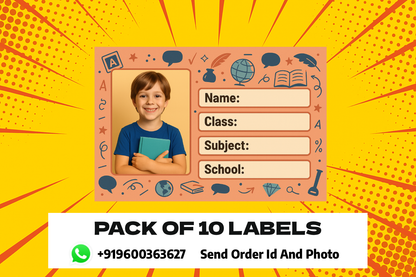 Smeeps Personalized School Book Label – Custom Photo Name Sticker for Kids | 3.5 x 2 Inch Orange Theme Notebook Labels | Pack of 10