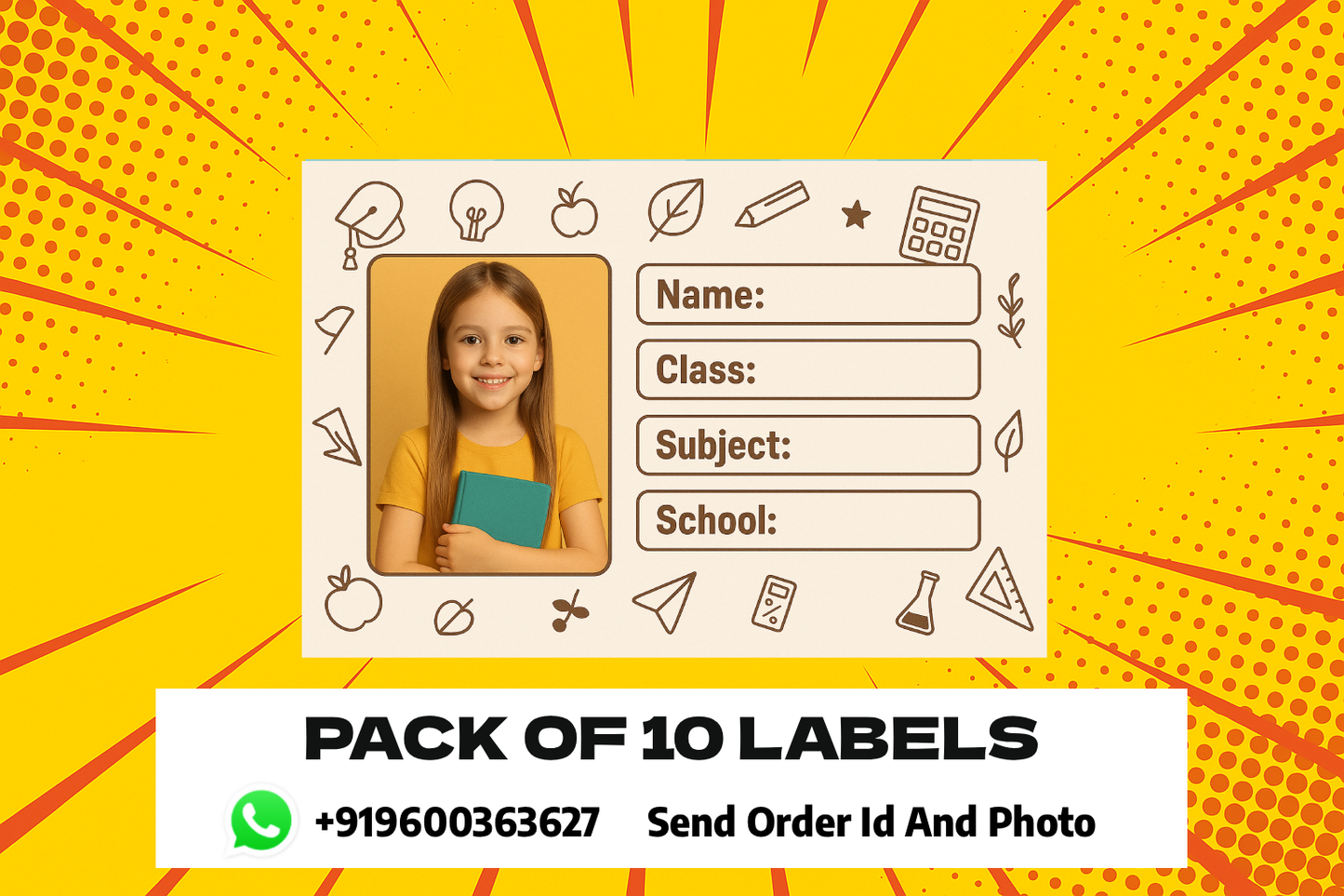 Smeeps Personalized School Label Sticker – 3.5 x 2 Inches Custom Name Tag with Student Photo | Pack of 10 Waterproof Book Labels